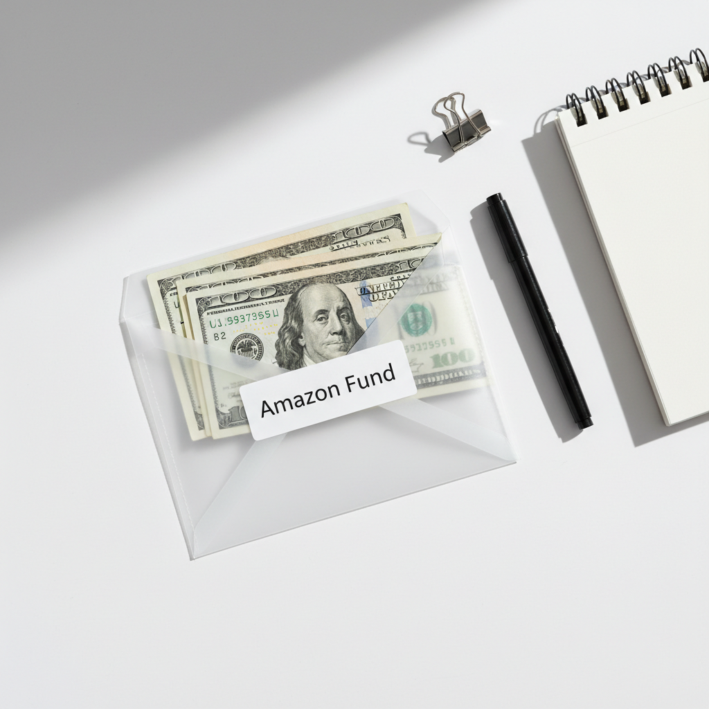 A6 vinyl cash envelope Amazon Fund flat lay on white background